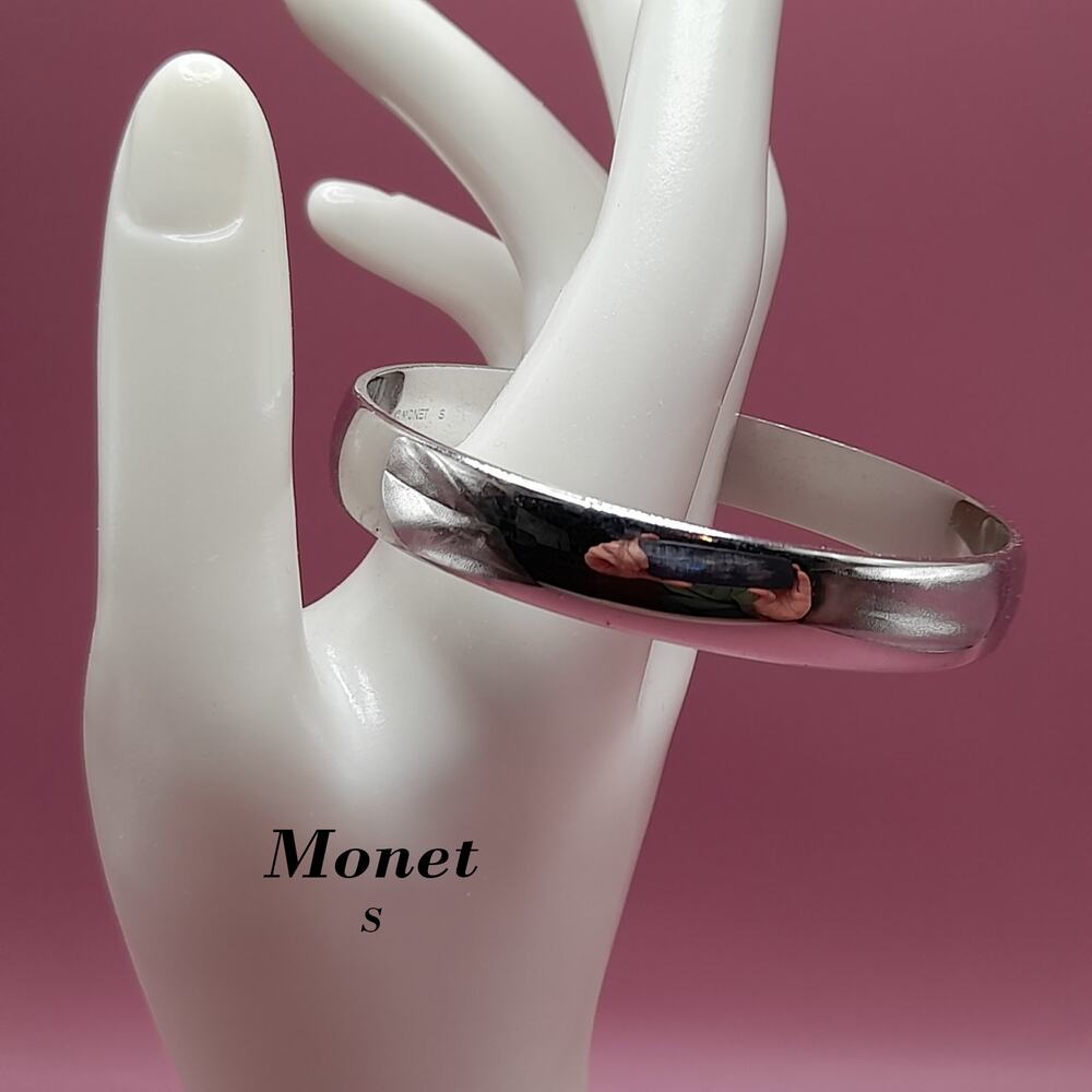 Vintage Monet Silver Tone Bangle Bracelet, Size Small, Signed 1980s Jewelry